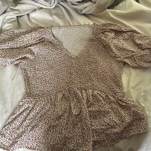 Amazon Pink and Cream Ruffled Peplum Blouse